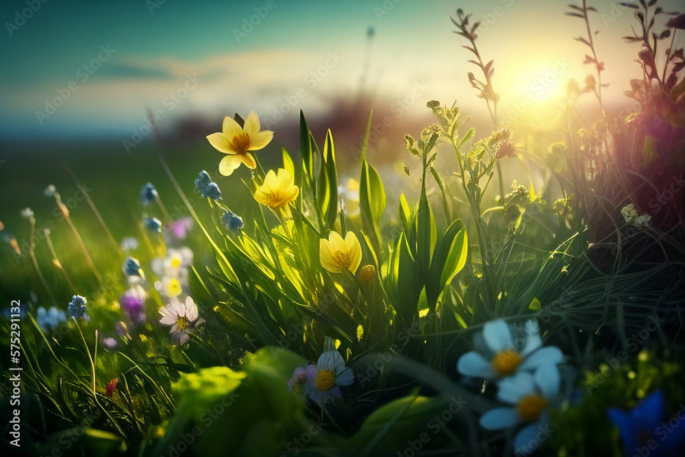 colorful fresh spring meadow, sun light shining made with Generative AI