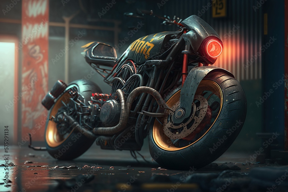 Amazing brand new motorbike is standing on the dark underground parking