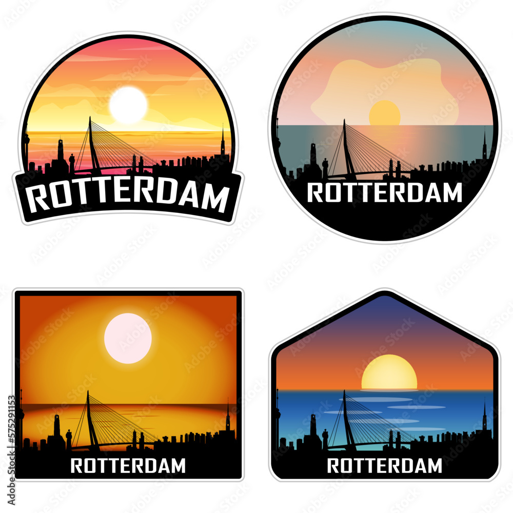 Rotterdam Netherlands Skyline Silhouette Retro Vintage Sunset Rotterdam Travel Souvenir Sticker Vector Illustration EPS AI Stock Adobe Stock