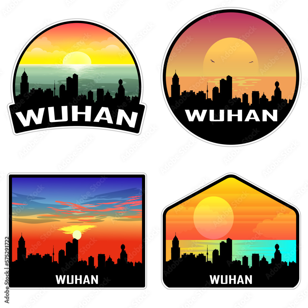 Wuhan China Skyline Silhouette Retro Vintage Sunset Wuhan Lover Travel Souvenir Sticker Vector Illustration SVG EPS AI