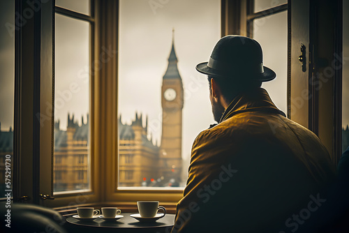 Tela Male traveler in hat drinking morning tea coffee breakfast with open window view of Big Ben Tower in London