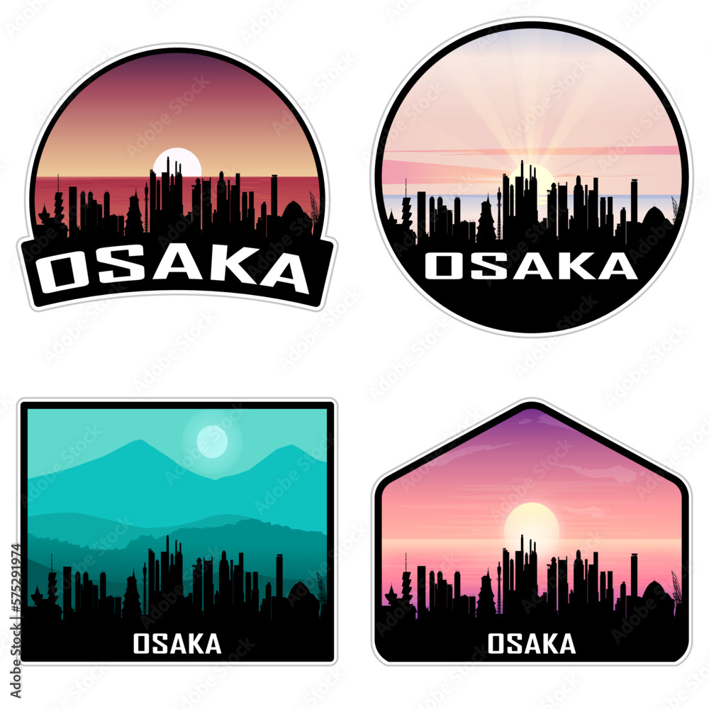 Osaka Japan Skyline Silhouette Retro Vintage Sunset Osaka Lover Travel Souvenir Sticker Vector Illustration SVG EPS AI