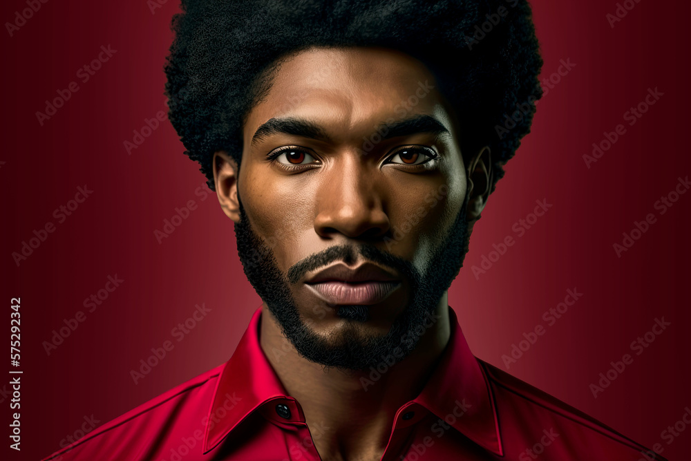 Man portrait. Stylish. Handsome Afro American man in dark red background looking to camera. Generative AI. Man portrait. Stylish. Handsome Afro American man in dark red background looking to camera. Generative AI.