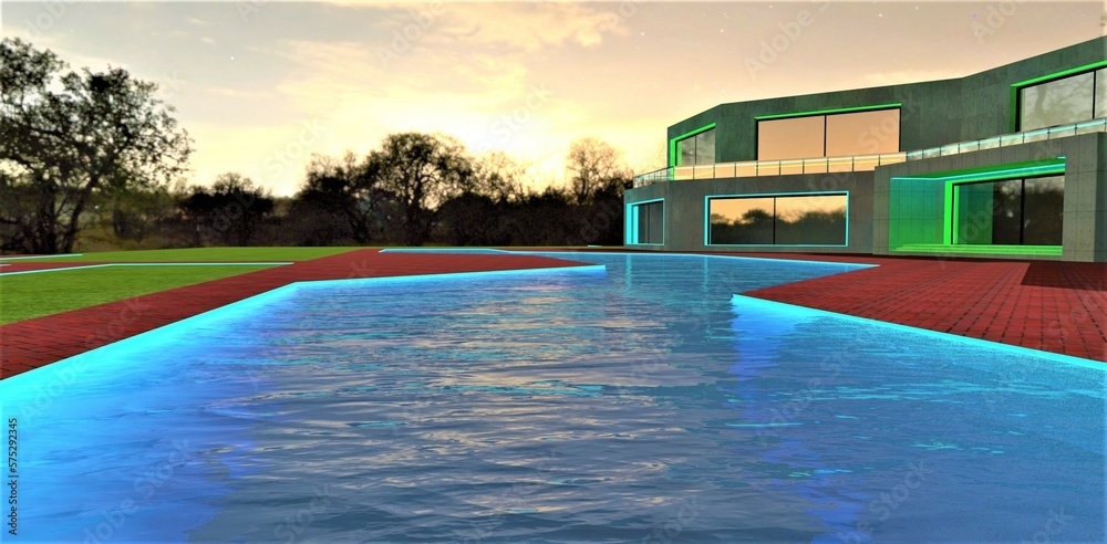 Luminous surface of the stunning swimming pool in front of the entry ...