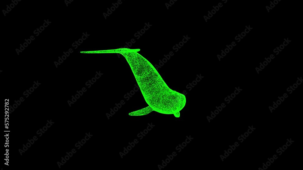 3D whale rotates on black bg. Object dissolved green flickering ...