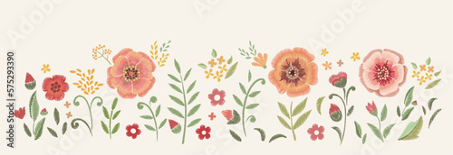 Embroidered flowers. Design element. Vector floral print.