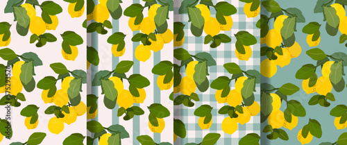 Lemons gouache flat illustrations seamless patterns set. Green leaves and lemons isolated on different backgrounds for wrapping paper, wallpaper, fabric.