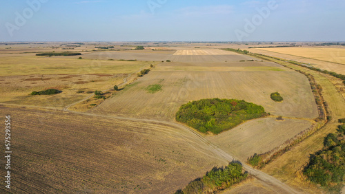 Aerial top view photo from flying drone of a land with yellow fields in countryside in autumn day.