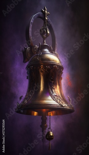 Golden bell on purple background. Generative ai.