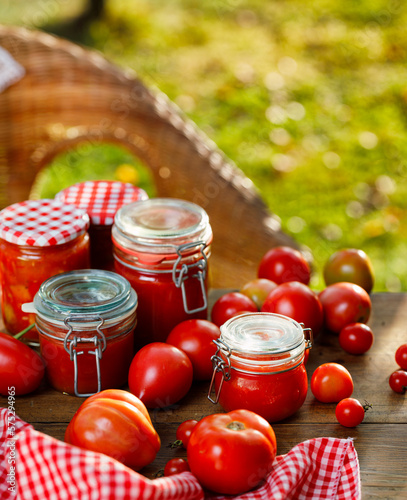 Healthy homemade preserves from organic tomatoes, close-up view