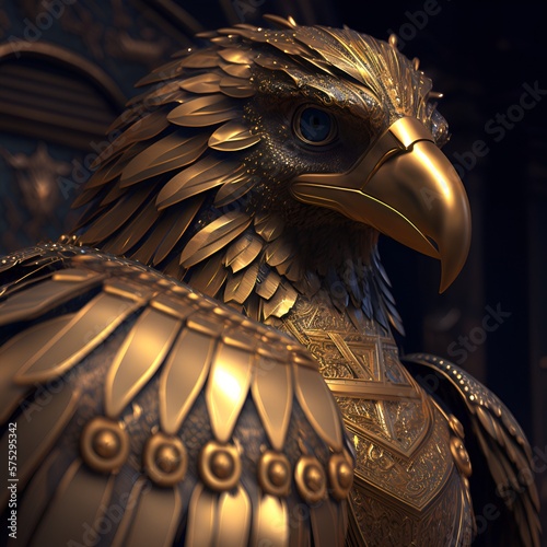 L'image présente une photo surréaliste d'un majestueux aigle orné d'or avec précision. photo