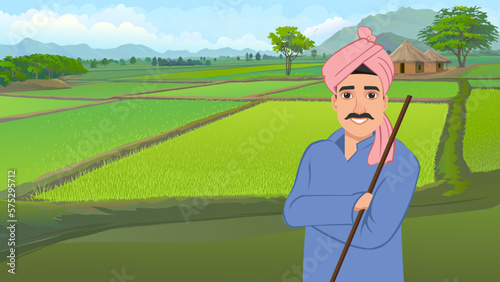 Indian farmer. Village rural character worker in nature exact vector Indian people harvesting in cartoon style