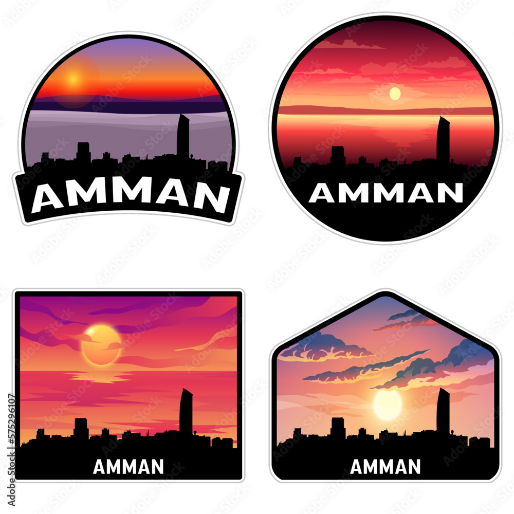 Amman Jordan Skyline Silhouette Retro Vintage Sunset Amman Lover Travel Souvenir Sticker Vector Illustration SVG EPS AI