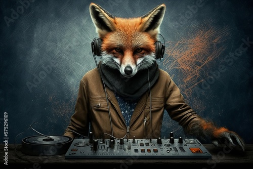 Fox DJ plays set at DJ booth. in a party. AI generative photo