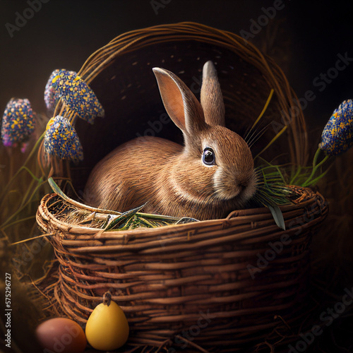 coniglio pasquale nella cesta con uova photo