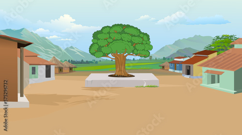 Village farmhouse old Indian rural house. farmer house blue sky green village hut. banyan tree middle of the village