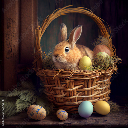 coniglietto pasquale nella cesta con uova di pasqua photo