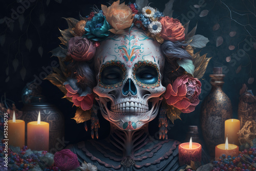 Dia de los muertos, Mexican day of the dead celebrating concept. Generative ai