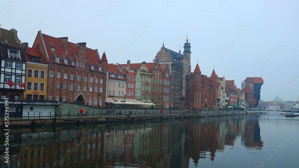 Beautiful Gdansk over the Motlawa river at fog. Poland. High quality FullHD footage Beautiful Gdansk over the Motlawa river at fog. Poland. High quality FullHD footage