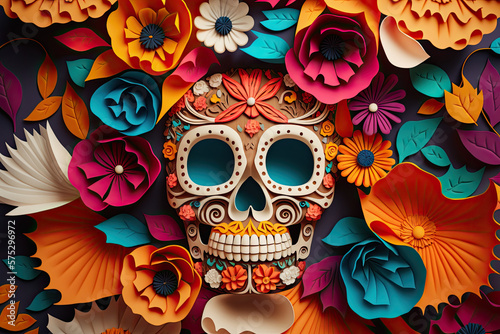 Mexican day of the dead background with paper cut scull and flower. Generative ai