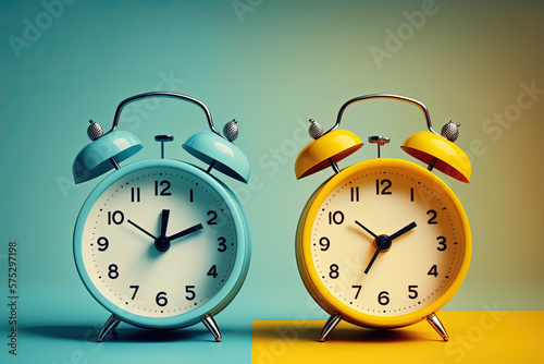 two alarm clocks side by side, one on a yellow background and one on a blue background. Generative AI