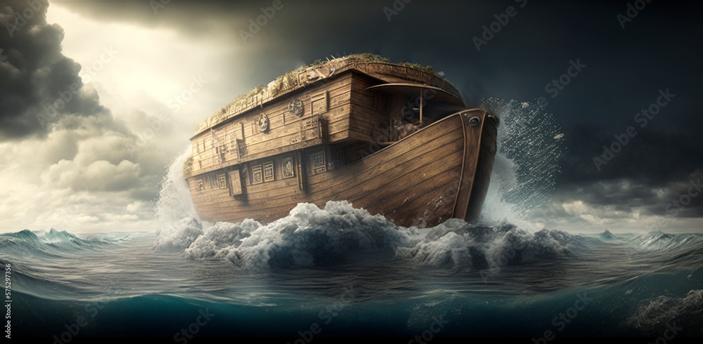 Illustration of Noah's Ark on the stormy sea AI generated content Stock ...