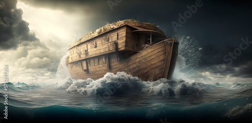 Illustration of Noah's Ark on the stormy sea AI generated content