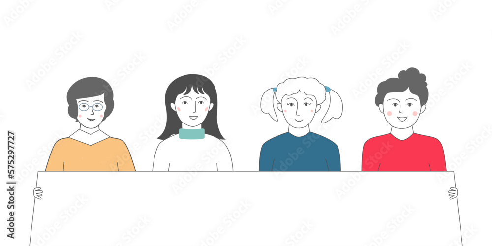 Modern women holding banner in hand drawn style. Modern women holding banner in hand drawn style.