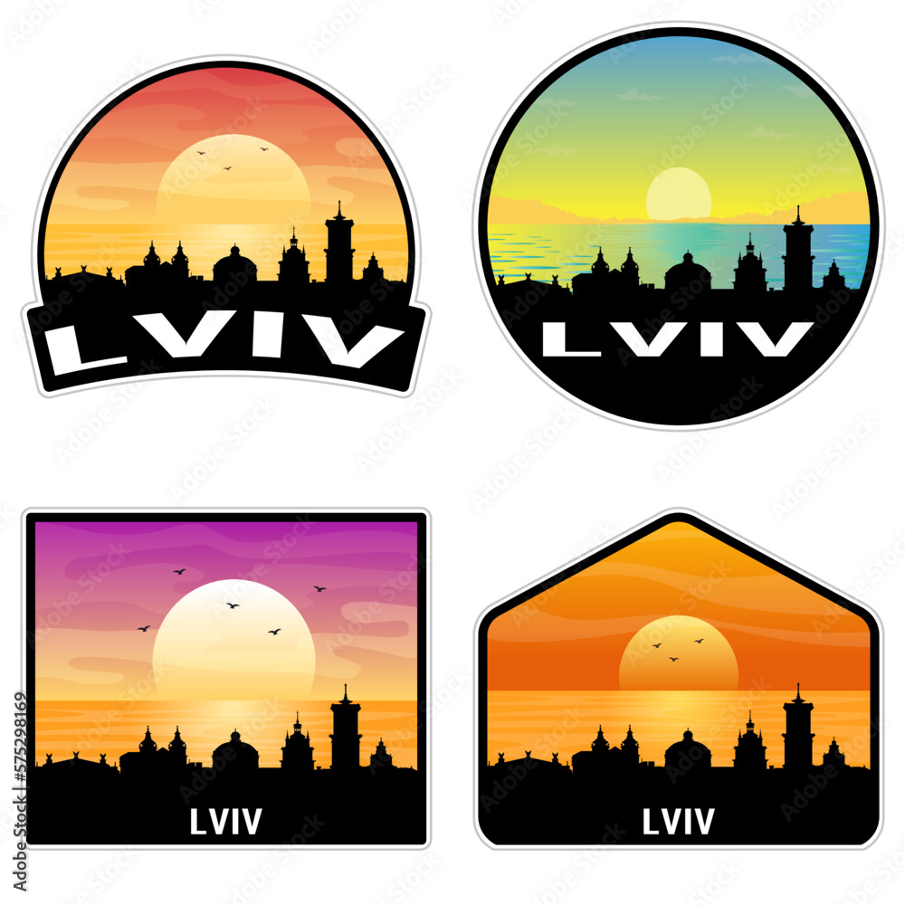 Lviv Ukraine Skyline Silhouette Retro Vintage Sunset Lviv Lover Travel Souvenir Sticker Vector Illustration SVG EPS AI