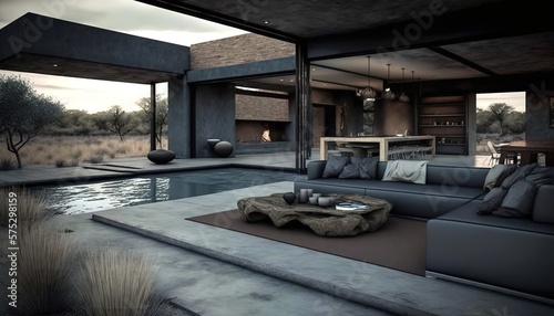 luxury interior of a modern house with large windows and stylish furniture, generative AI