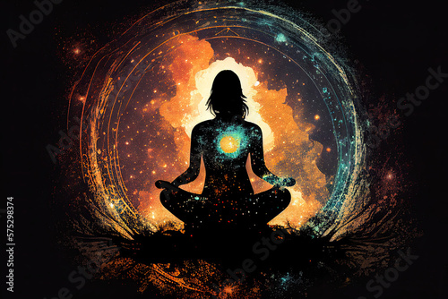 Astral body silhouette in lotus pose practicing yoga against cosmic background. Meditation, connection with other worlds. Spiritual life and esoteric concept. Created with Generative AI photo