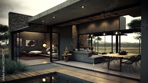 luxury interior of a modern house with large windows and stylish furniture, generative AI © Roman King