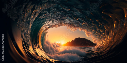 Illustration Looking through a dramatic ocean wave at sunset AI generated content