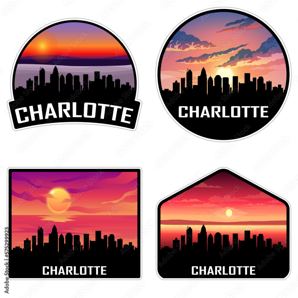 Charlotte North Carolina USA Skyline Silhouette Retro Vintage Sunset Charlotte Lover Travel Souvenir Sticker Vector Illustration SVG EPS AI