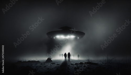 Alien UFO with people walking, Generative AI