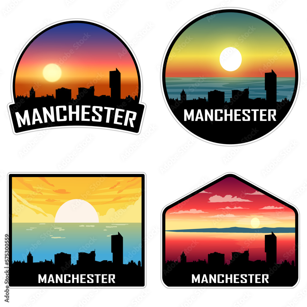 Manchester England Skyline Silhouette Retro Vintage Sunset Manchester Lover Travel Souvenir Sticker Vector Illustration SVG EPS AI