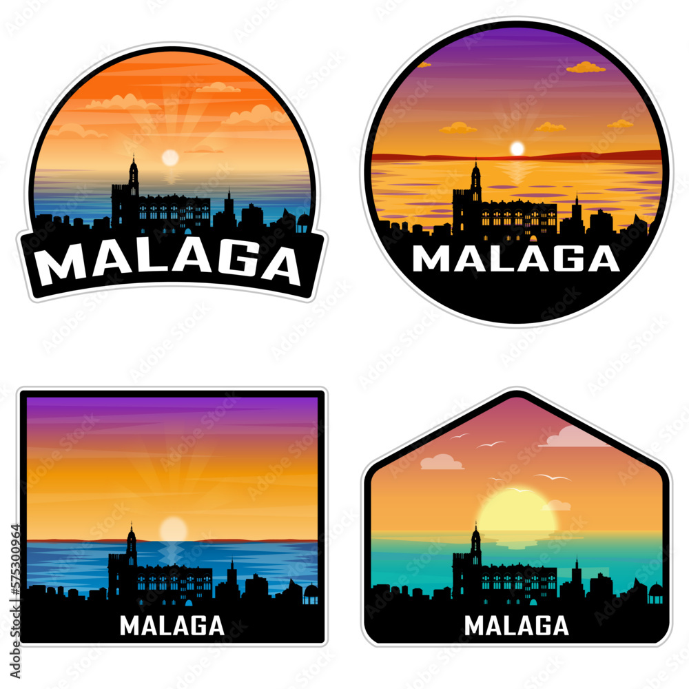 Malaga Spain Skyline Silhouette Retro Vintage Sunset Malaga Lover Travel Souvenir Sticker Vector Illustration SVG EPS AI