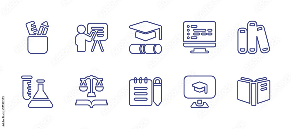 Education line icon set. Editable stroke. Vector illustration. Containing stationery, presentation, graduation, coding, book, science, law book, notebook, online education, read