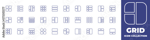 Grid line icon collection. Editable stroke. Vector illustration. Containing visualization, list, layout, grid, listing, table, site map, bottom view, menu, design, content design, headers, and more.