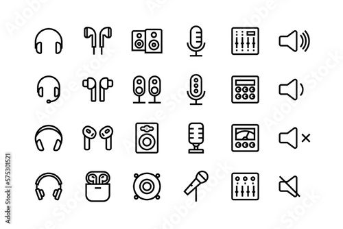 Audio devices icon set with adjustable line weight
