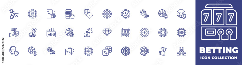 Betting line icon collection. Editable stroke. Vector illustration. Containing betting, casino chip, poker, bet, dice, roulette, bets, bowling, horse, diamond, slot machine, casino roulette, and more.