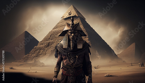 Photo scary pharaoh standing in front of the pyramids. Generative AI