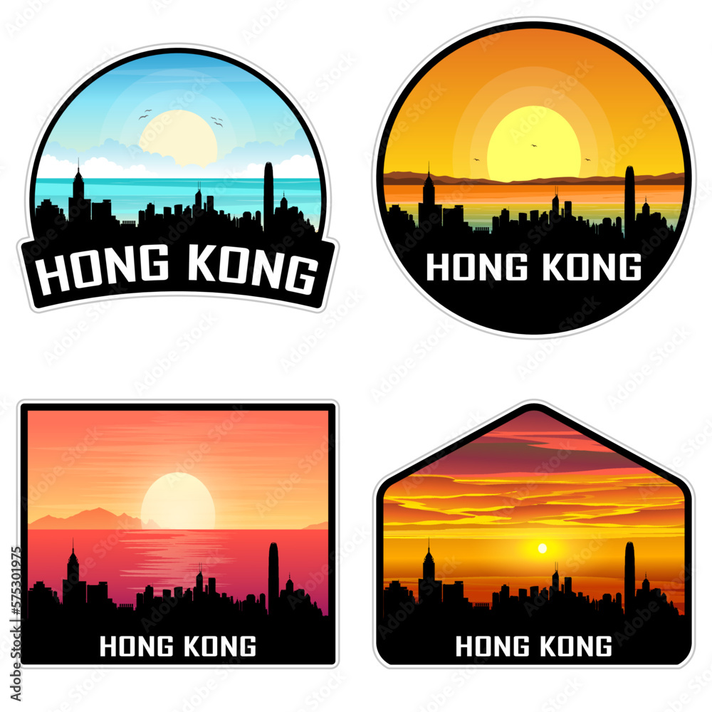 Hong Kong China Skyline Silhouette Retro Vintage Sunset Hong Kong Lover Travel Souvenir Sticker Vector Illustration SVG EPS AI