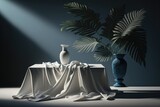 Mockup of a summertime still life, lit by sunlight. Silken white fabric laid out in the sunlight on a table. The palm casts very dark shadows. A minimalistic luxury theme for a wedding, a vacation at