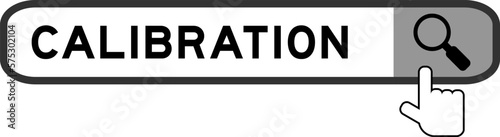 Search banner in word calibration with hand over magnifier icon on white background