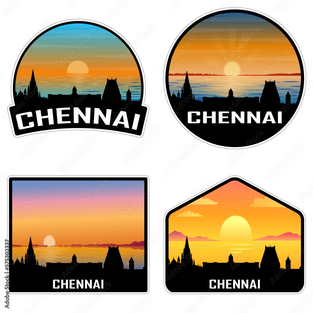 Chennai India Skyline Silhouette Retro Vintage Sunset Chennai Lover Travel Souvenir Sticker Vector Illustration SVG EPS AI