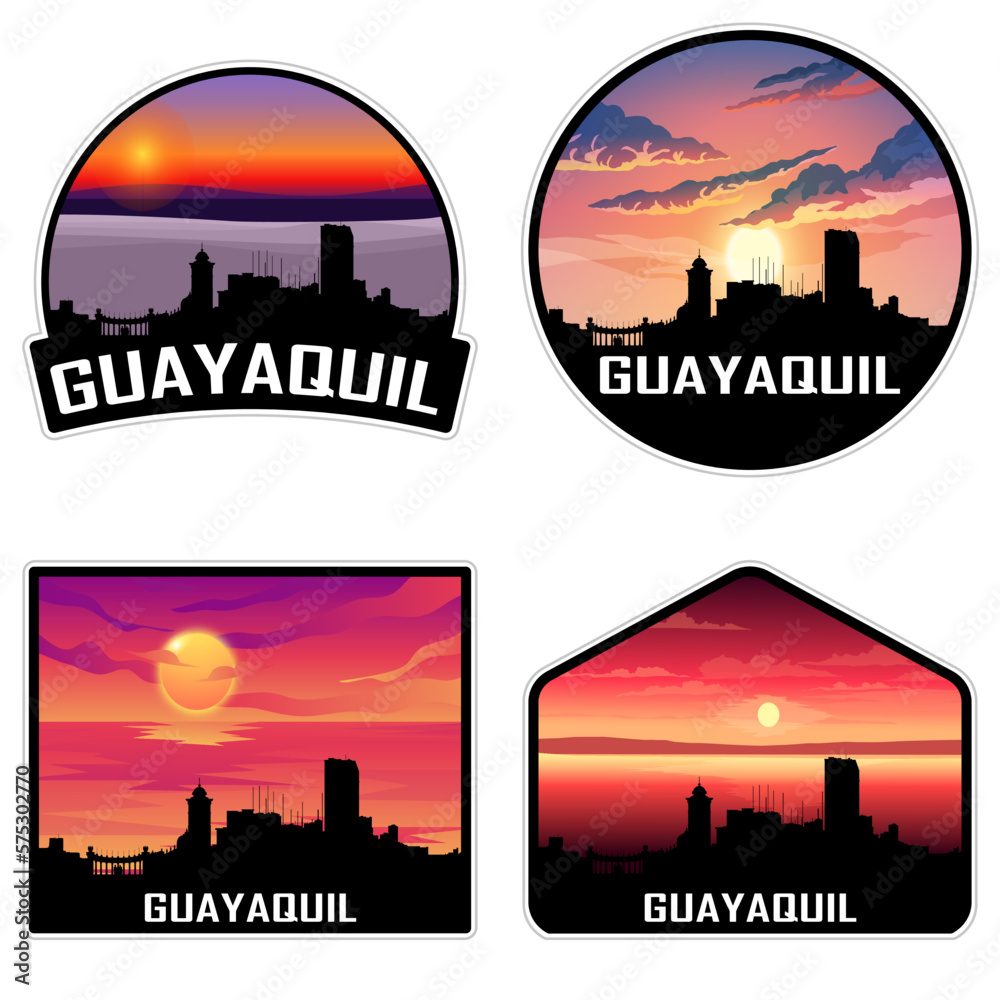 Guayaquil Equador Skyline Silhouette Retro Vintage Sunset Guayaquil Lover Travel Souvenir Sticker Vector Illustration SVG EPS AI