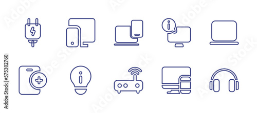 Device line icon set. Editable stroke. Vector illustration. Containing charger, responsive, smart devices, smart tv, laptop, add, idea bulb, router, headset