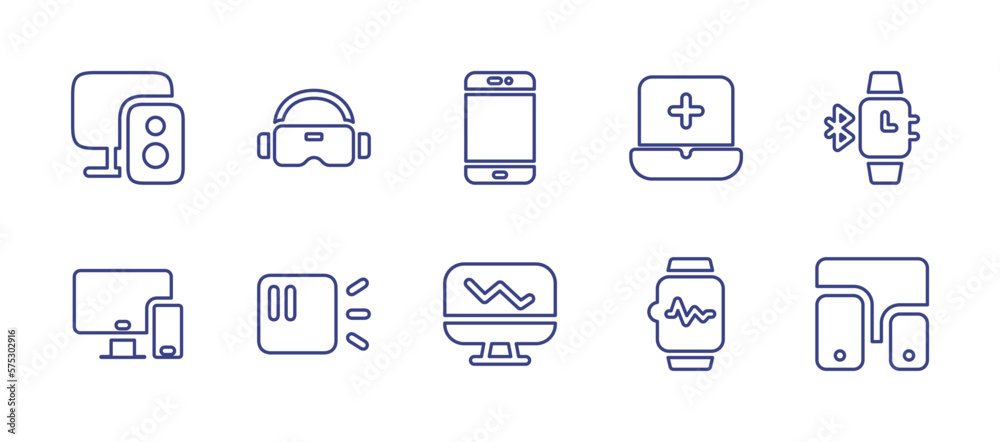 Device line icon set. Editable stroke. Vector illustration. Containing devices, vr glasses, mobile phone, online assistance, smartwatch, device, sensor, screen, responsive
