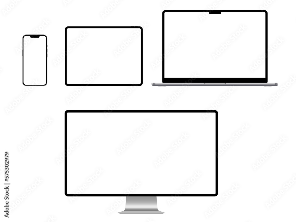 A set of isolated smart devices with blank screen: smartphone, tablet, laptop and desktop. Stock royalty free PNG illustration A set of isolated smart devices with blank screen: smartphone, tablet, laptop and desktop. Stock royalty free PNG illustration